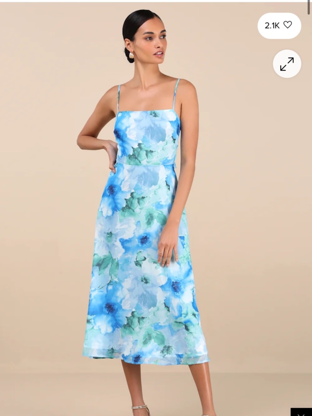 Lulu's Radiant Feelings Blue & Green Watercolor Floral Midi Dress